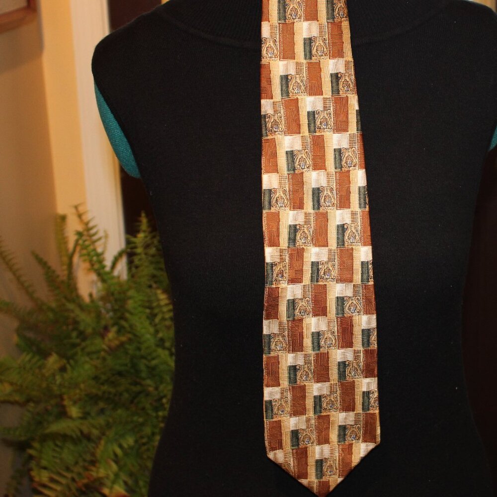 Zianetti Italian Silk Collection Tie NWT Gold Brn Square Greek Design Necktie XL